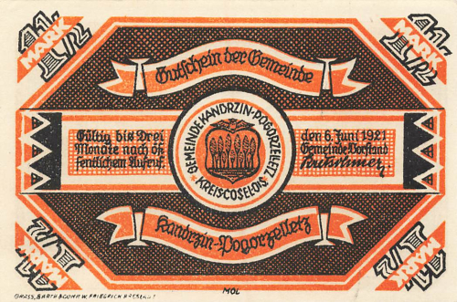Kandrzin-Pogorzelletz Oberschlesien Notgeldschein Kędzierzyn  1921