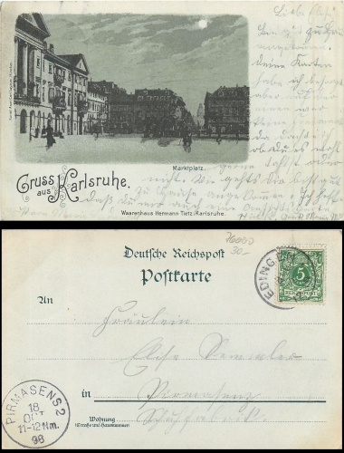 Karlsruhe Market Square Moonlight Litho from the Hermann Tietz department store on October 18, 1898