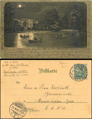 Karlsruhe Stadtgartensee Mondschein Litho o 21.09.1900