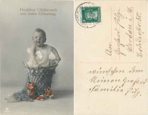 Child in the laundry basket Birthday card o 10/14/1927