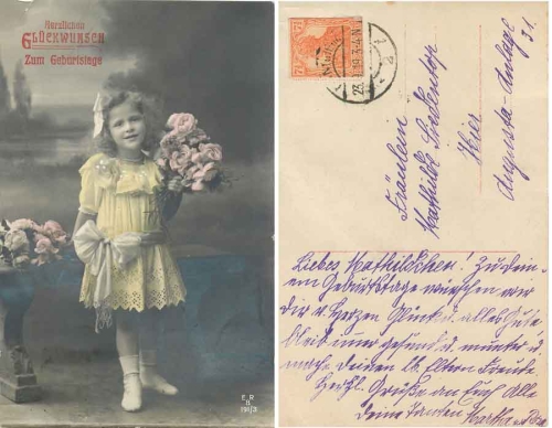 Girl with roses birthday serial card ERB 191/3 o 23.9.1919