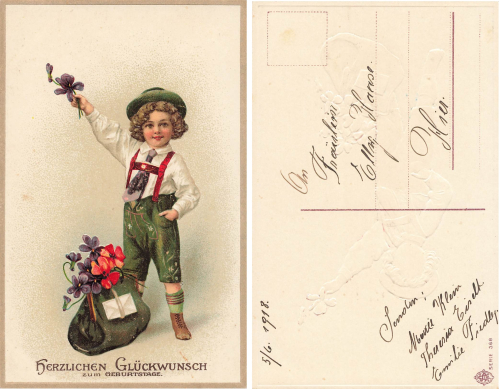 Kind mit Blumen Präge Litho Geburtstagskarte 1918