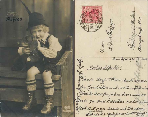 Seppl with dachshund Amag card 62285/2 o 16.8.1919