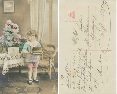 Child with birthday cake card 4617/1 used. 5.6.1919