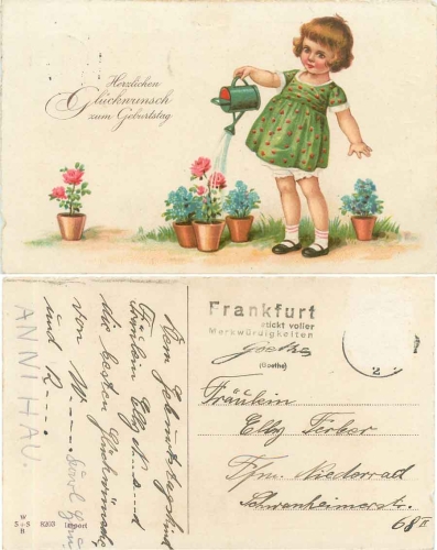 Girl with watering can birthday card o ca. 1930