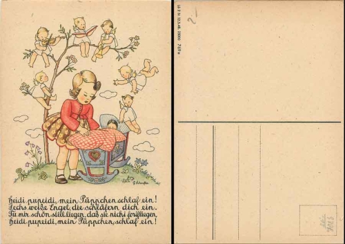 Child with a doll's cradle and angels, artist card G. Scheufler * around 1940