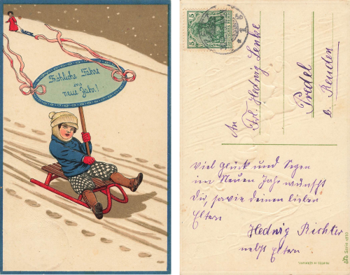 Child with toboggan New Year's artist card o 1915