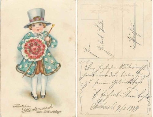 child with top hat stick bouquet of flowers birthday card br. 1929