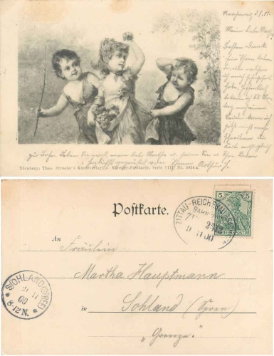 Children Theo Stroefer artist card Series VIII No. 5634a railway postmark 9.11.1900 Zittau-Reichenau train 2612