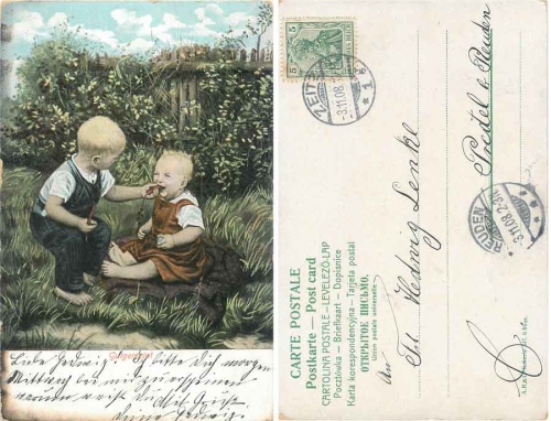 Children in the garden eating carrots artist card o 03.11.1908