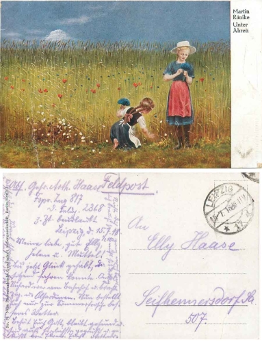 Children in the Cornfield Artist card Martin Raenike "Unter Aehren" o 15.7.1918