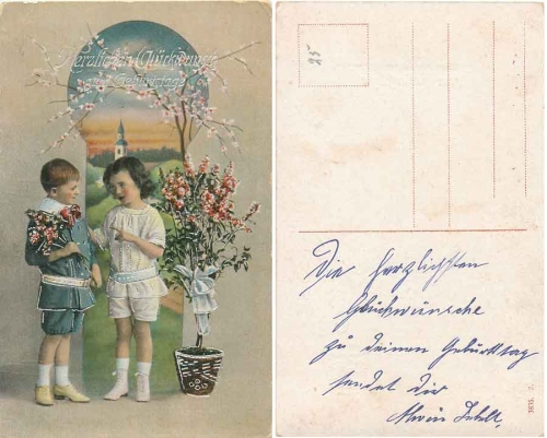 Children flowers silver cut card used circa 1915