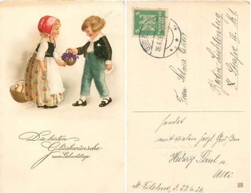 Children with a basket of flowers Birthday card o 26.6.1926
