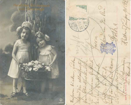 Girl with a basket of flowers Serial card 1203/04 Birthday o 25.7.1909
