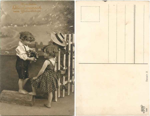 Children with a bouquet of flowers MKB 1520 birthday card * ca. 1920