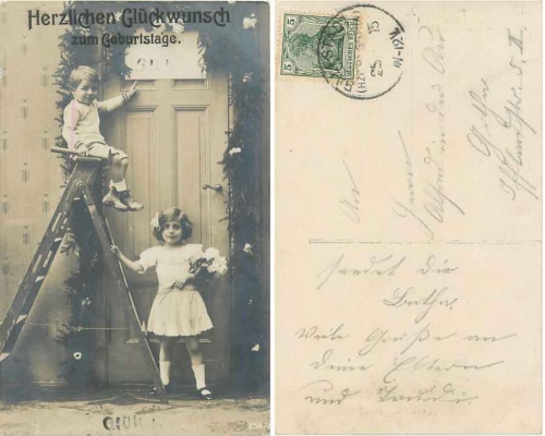 Children with ladder birthday card o ca. 1915