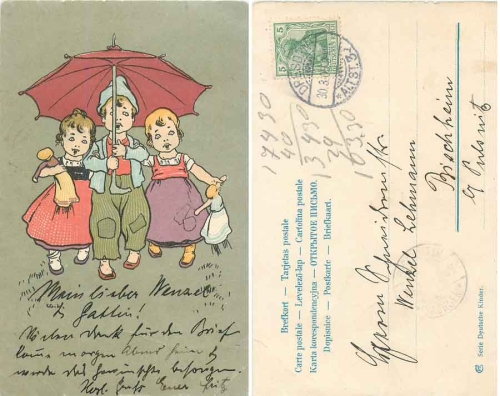 Kinder mit Puppen und Schirm Künstlerkarte o 30.3.1905