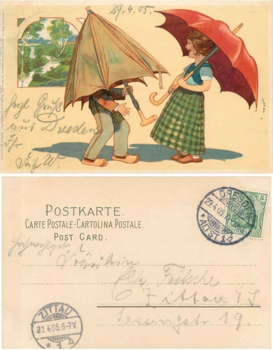 Kinder mit Regenschirm Künstlerkarte o 29.4.1905