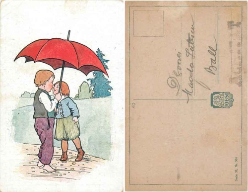 Children couple under an umbrella kiss artist card *ca. 1915