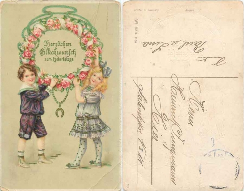 Children with Rosary Horseshoe Birthday Litho o ca. 1910