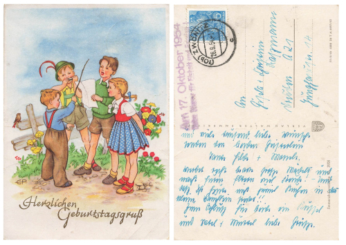 Children's card propaganda stamp "On October 17, 1954, your vote for unity and peace!!" o Zwönitz September 26, 1954
