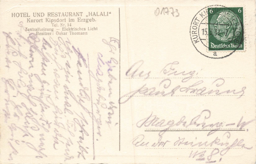 01773 Kipsdorf Erzgebirge Hotel "HALALI"o 1937