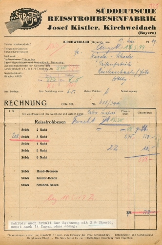 Kirchweidach "SüReiFa" Rice straw broom factory Josef Kistler Letterhead May 13, 1949