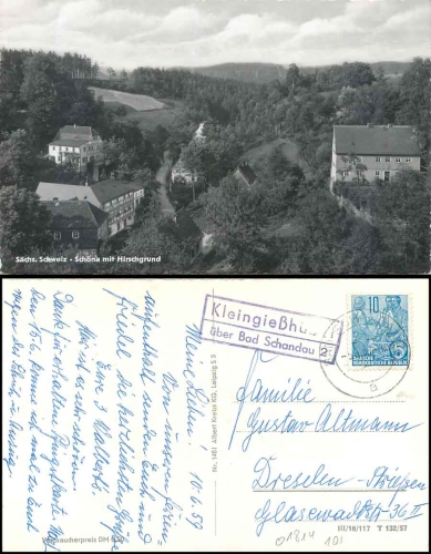 01814 Kleingiesshuebel about Bad Schandau2 country postmark on postcard Schoena o 10.6.1959
