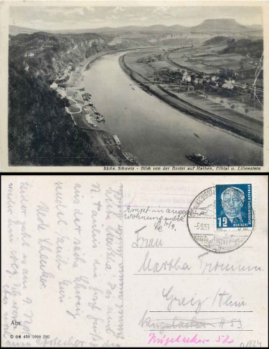 Kleinhennersdorf Kreis Pirna Landpoststempel auf AK Rathen o Königstein 5.9.1953