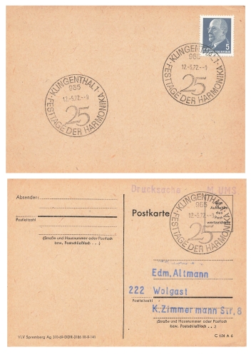 Klingenthal special stamp on printed matter Harmonica Festival o May 12, 1972