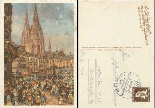 Cologne carnival postal stationery 6 Pfennig brown special cancellation Cologne 16.2.1939