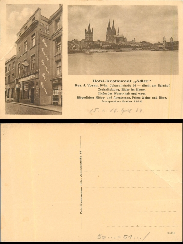 Köln Johannisstrasse Restaurant Vosen * 1934