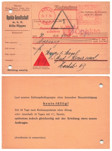 Cologne Riehl sender indicia on cash on delivery Opekta jams July 24, 1934