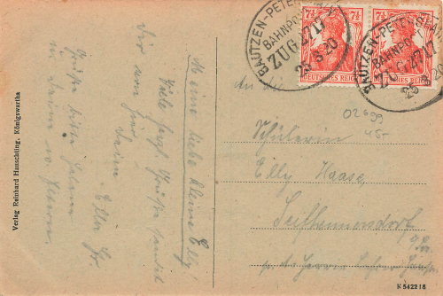02699 Königswartha o 25.3.1920 Bahnpost Bautzen - Petershain Zug-Nr. 2717