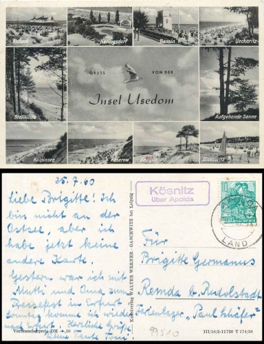 99510 Koesnitz via Apolda country postmark on postcard Usedom o 25.7.1960