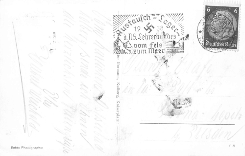 Kolberg Frühkonzertplatz Pommern Kolobrzeg Werbestempel Austausch-Lager des NS. Lehrerbundes 1938