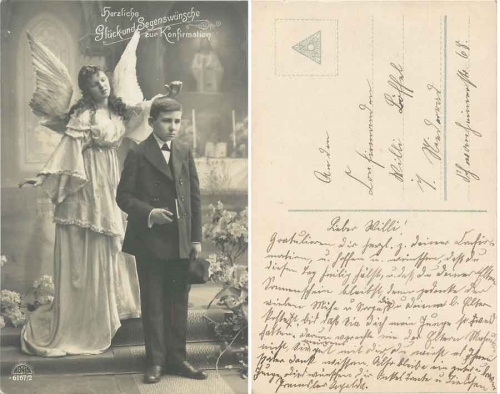 Konfirmation Junge mit Schutzengel Serienkarte 6167/2 gebr. ca. 1910