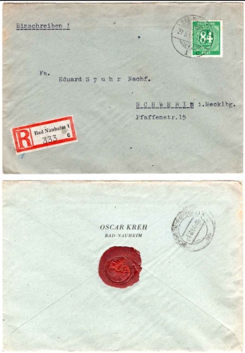 Kontrollratsausgabe Michel 936 auf R-Brief Bad Nauheim 27.5.1946