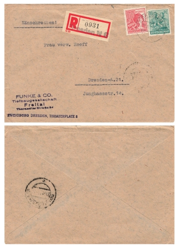 Kontrollratsausgabe Michel 949 956 auf Orts R-Brief o Dresden N6 20.11.1947