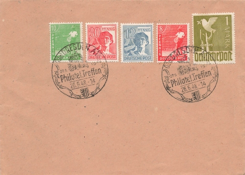 Kontrollratsausgabe Michel 959 auf Umschlag Sonderstempel Philatelisten Treffen Dresden A1 26.6.1948