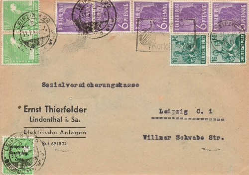 Kontrollratsausgabe Zehnfachfrankatur o Leipzig N22 31.7.1948 Mischfrankatur mit 10 Pfennig SBZ