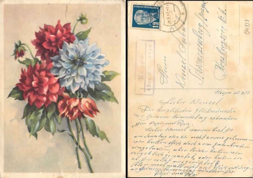 04838 Kospa about Eilenburg country postmark on flower card o 28.9.1951