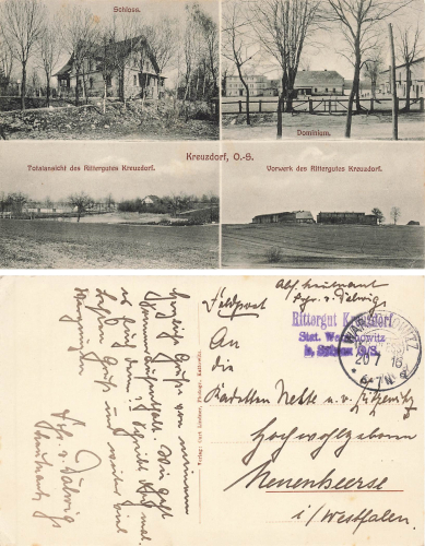 Kreuzdorf Oberschlesien Gołuszowice  Feldpost Rittergut Kreuzdorf Stat. Warschowitz o 1916
