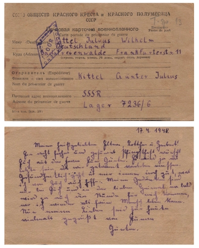 Sowjetisches Kriegsgefangenenlager 7236/6 Dwiri auf der Kura Georgie 28.11.1948 Kontrollstempel 303