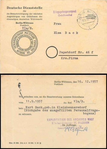 Kriegsgefangenenpost Gebührenfrei Gouvernement Militaire Francais o Berlin Wittenau 17.12.1957