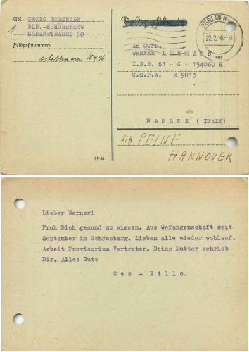 Kriegsgefangenenkarte nach US-Lager Naples Italien o 22.2.1946