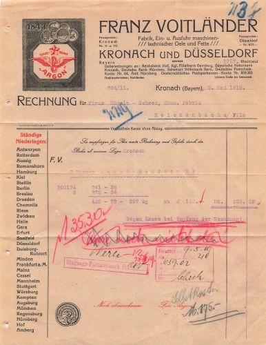 Kronach und Düsseldorf Fettfabrik "Argon" Franz Voitländer Briefkopf 1919