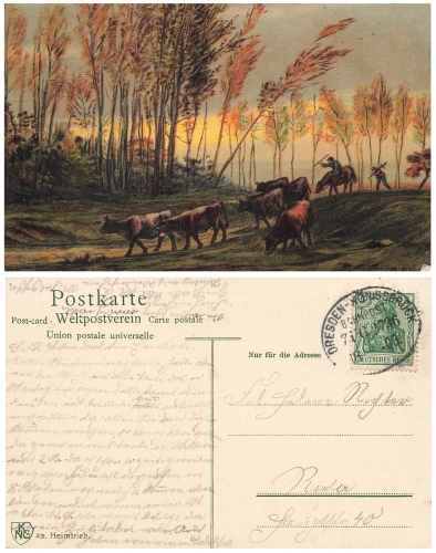 Heimtrieb artist card Jean Francois Millet railway postmark Dresden Konigsbruck train 2736 September 18, 1908