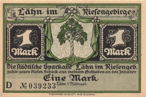 Lähn im Riesengebirge Schlesien Notgeldschein Wleń um 1920