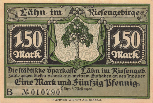 Lähn im Riesengebirge Schlesien Notgeldschein Wleń um 1920